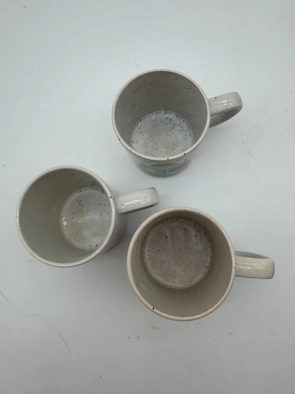 Vintage 1970s Speckled Stoneware Mug Set of 3 Owl Ladybug Bunny Retro Kitsch
